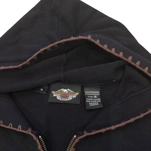 Harley Davidson Black Cotton Full Zip Hoodie Sweater Medium Brown Back Graphic - Picture 3 of 6